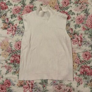 white ribbed mock neck sleeveless sweater vest